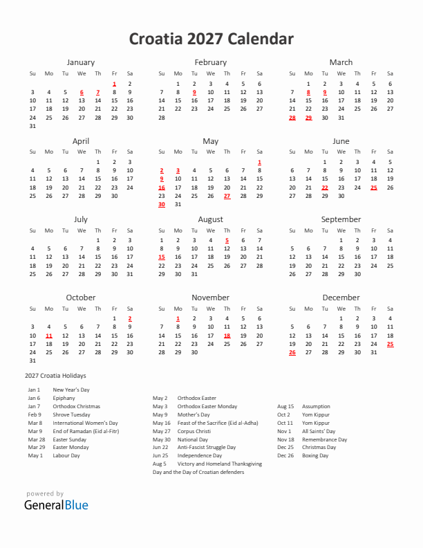 2027 Yearly Calendar Printable With Croatia Holidays