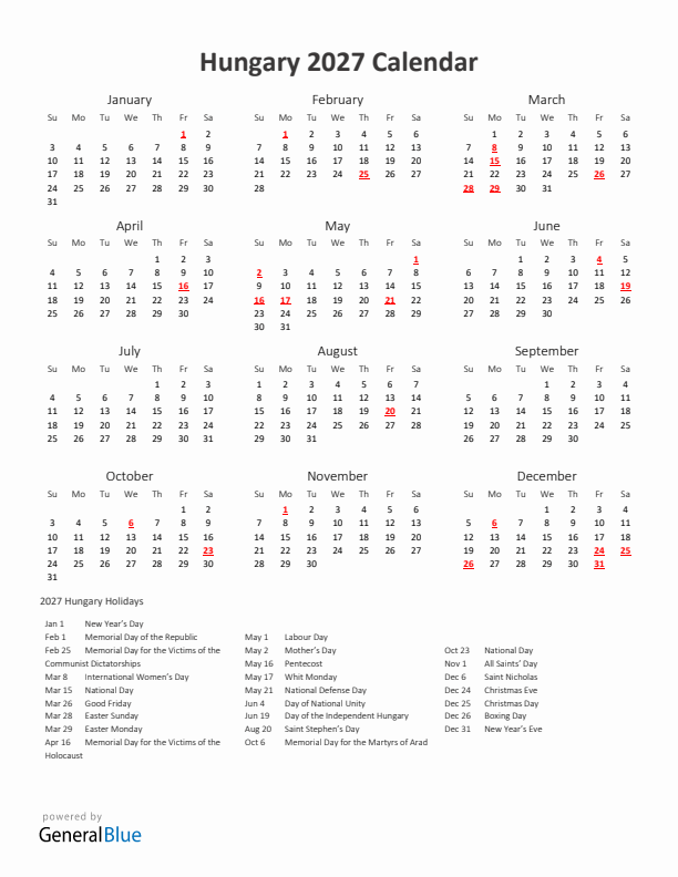 2027 Yearly Calendar Printable With Hungary Holidays