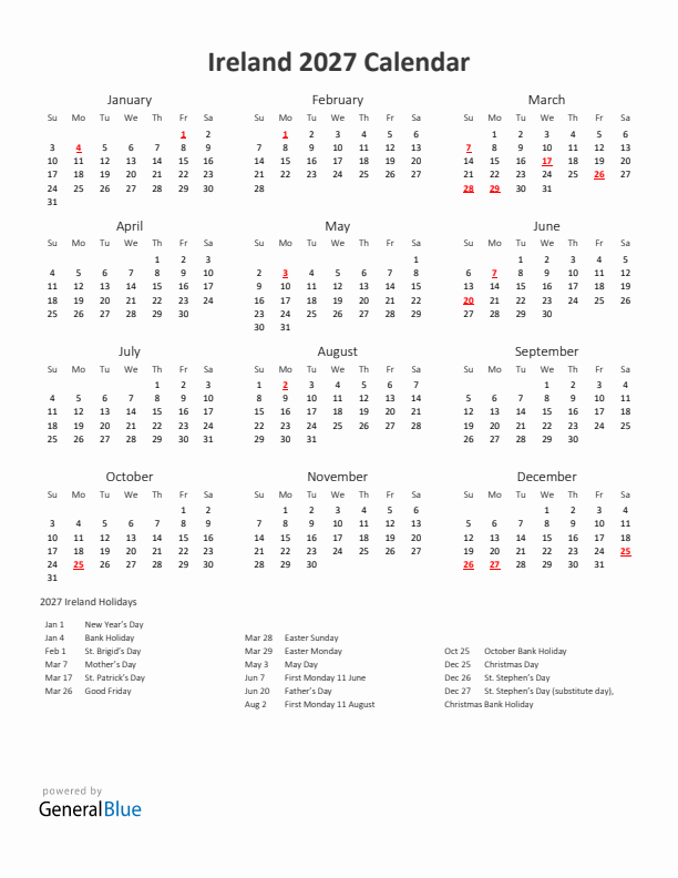 2027 Yearly Calendar Printable With Ireland Holidays