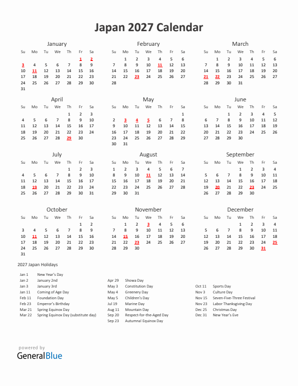 2027 Yearly Calendar Printable With Japan Holidays