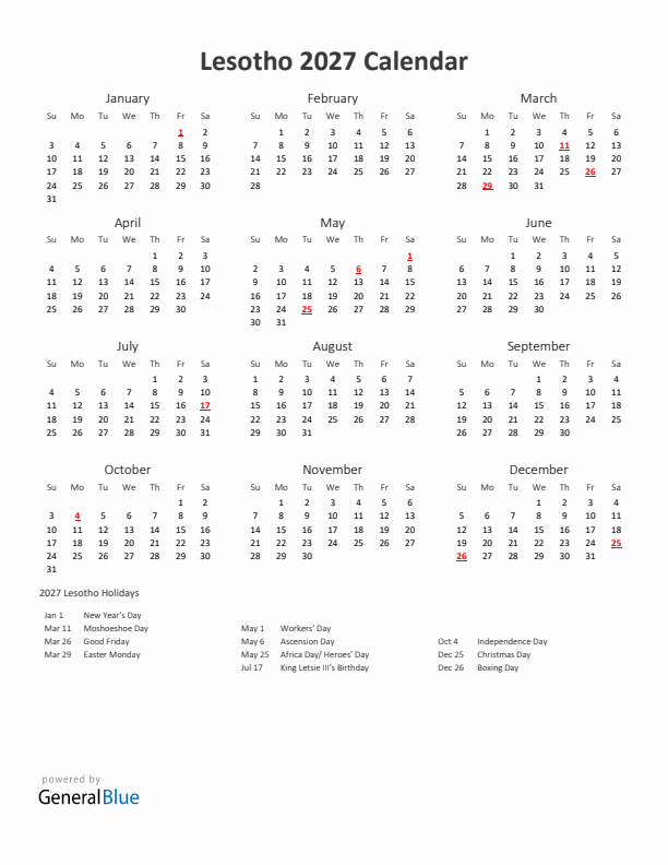 2027 Yearly Calendar Printable With Lesotho Holidays