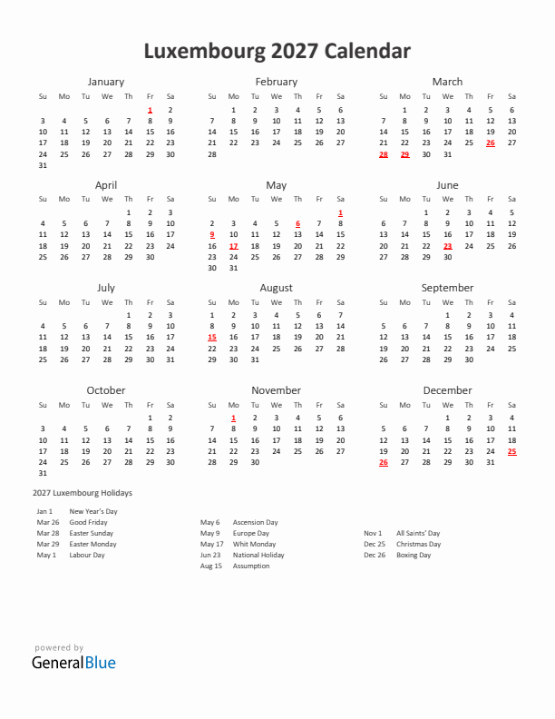 2027 Yearly Calendar Printable With Luxembourg Holidays