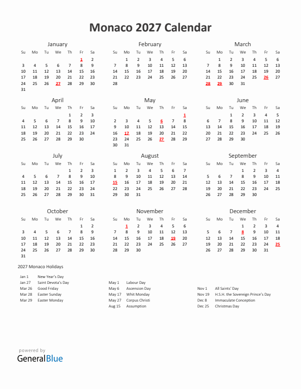 2027 Yearly Calendar Printable With Monaco Holidays