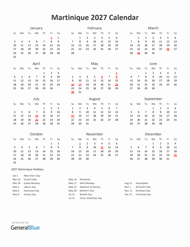 2027 Yearly Calendar Printable With Martinique Holidays