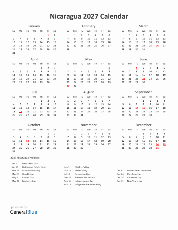 2027 Yearly Calendar Printable With Nicaragua Holidays