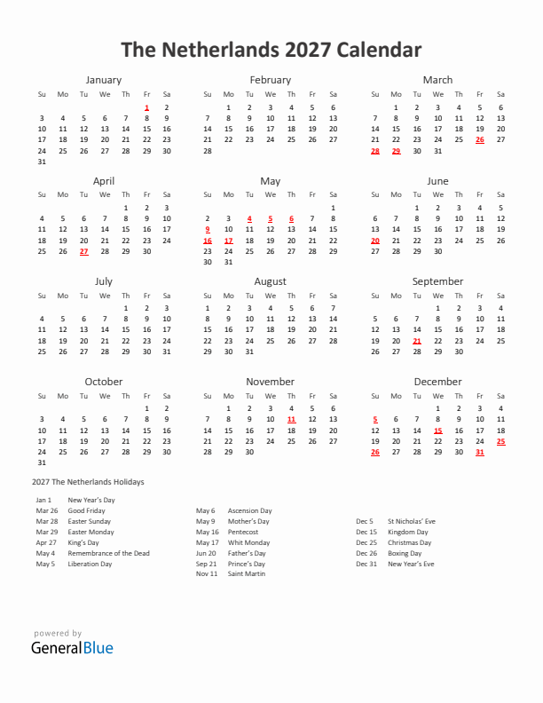 2027 Yearly Calendar Printable With The Netherlands Holidays