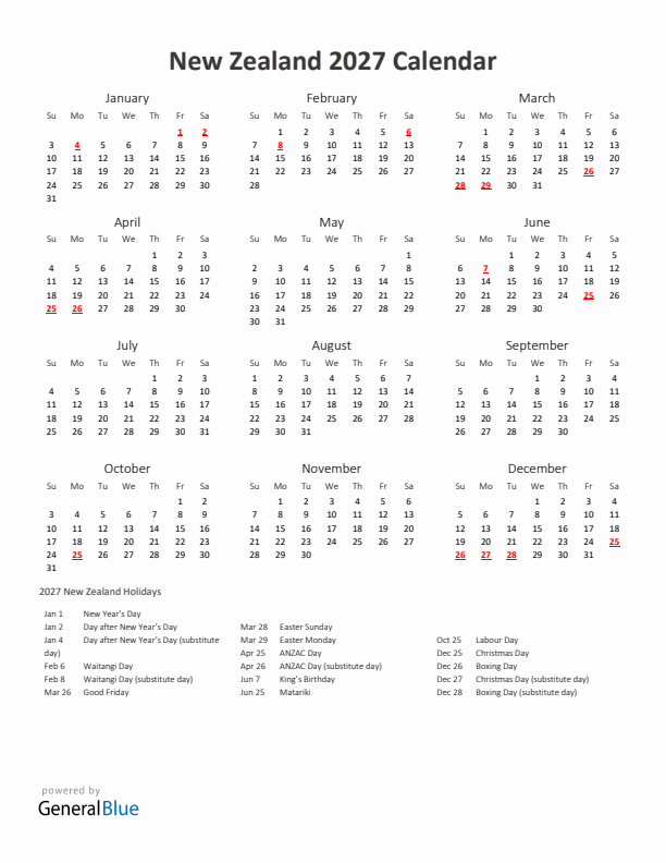 2027 Yearly Calendar Printable With New Zealand Holidays