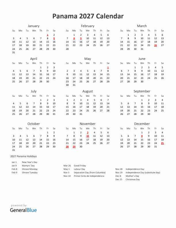 2027 Yearly Calendar Printable With Panama Holidays