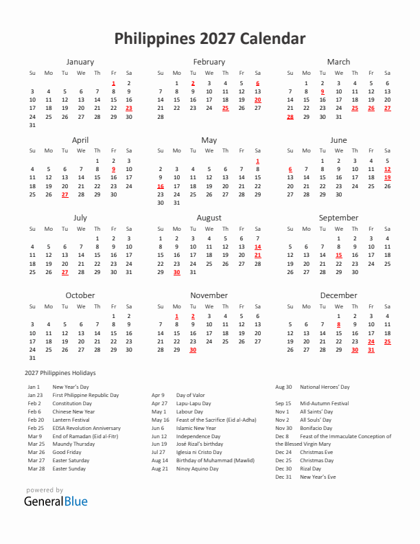 2027 Yearly Calendar Printable With Philippines Holidays