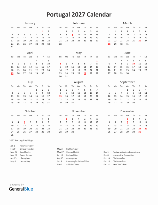 2027 Yearly Calendar Printable With Portugal Holidays