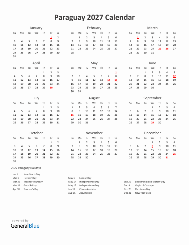 2027 Yearly Calendar Printable With Paraguay Holidays