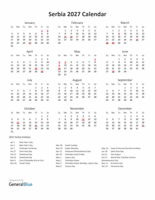 2027 Yearly Calendar Printable With Serbia Holidays