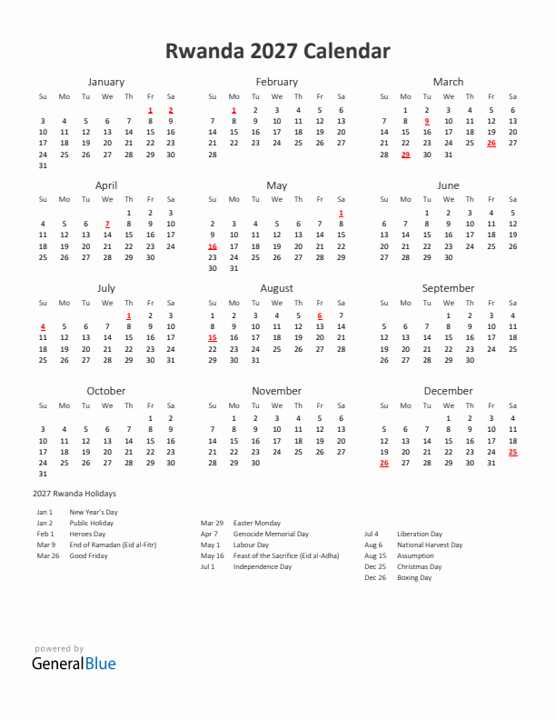 2027 Yearly Calendar Printable With Rwanda Holidays