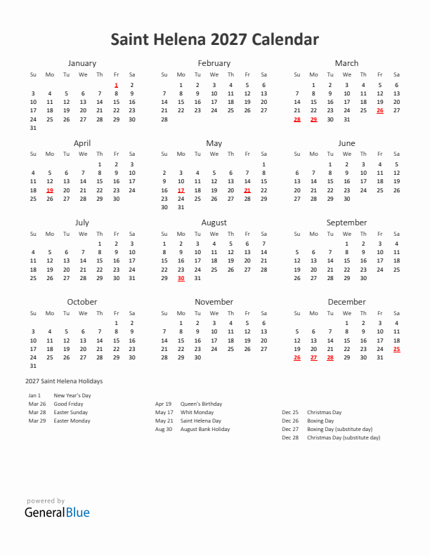 2027 Yearly Calendar Printable With Saint Helena Holidays