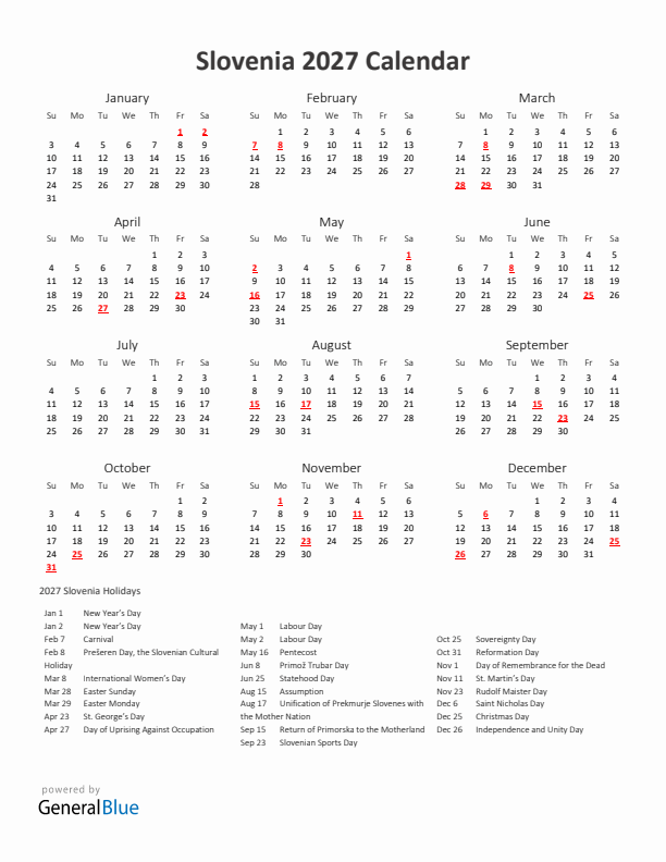 2027 Yearly Calendar Printable With Slovenia Holidays