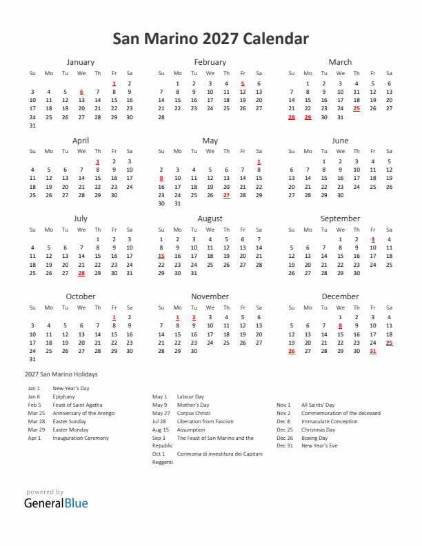 2027 Yearly Calendar Printable With San Marino Holidays