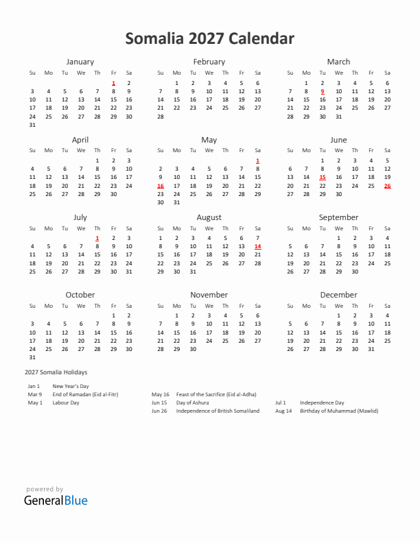 2027 Yearly Calendar Printable With Somalia Holidays