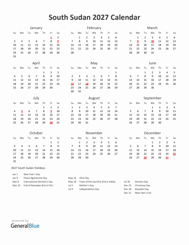 2027 Yearly Calendar Printable With South Sudan Holidays