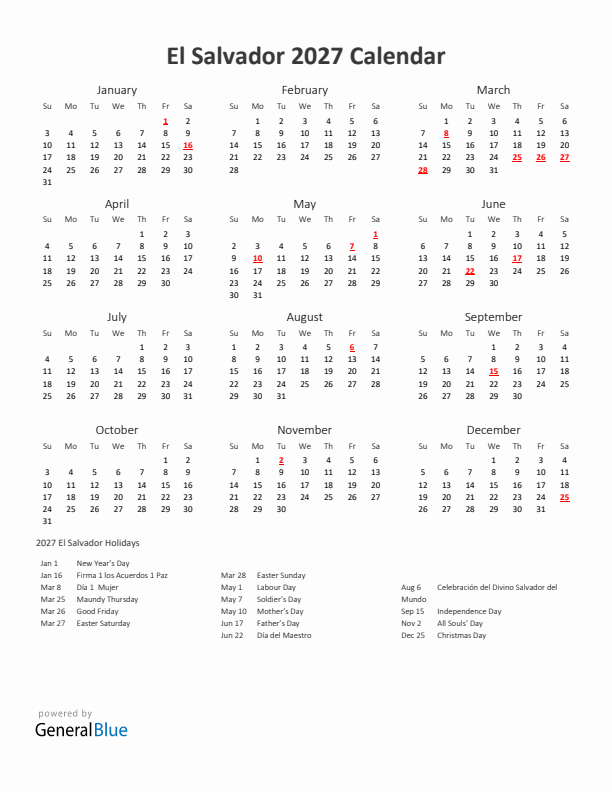 2027 Yearly Calendar Printable With El Salvador Holidays