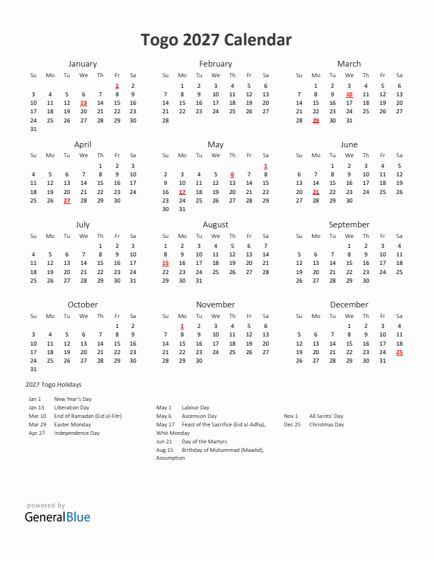 2027 Yearly Calendar Printable With Togo Holidays