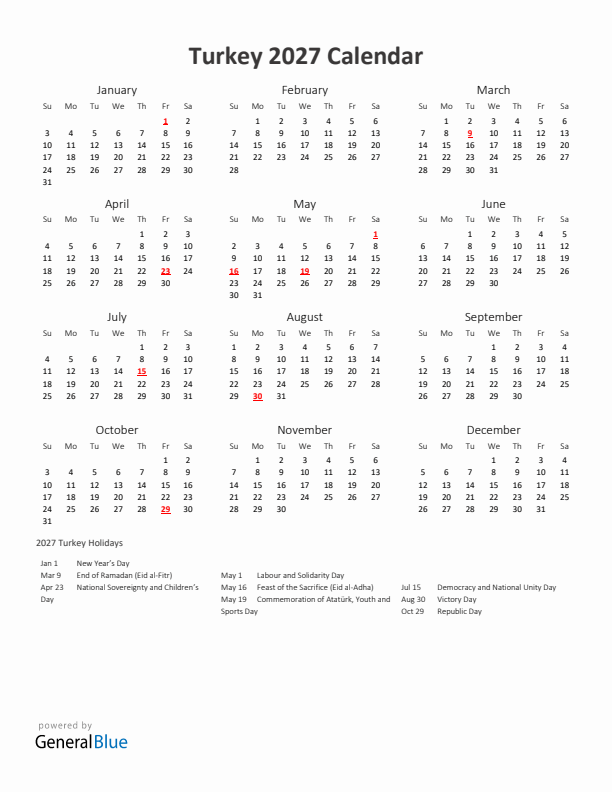 2027 Yearly Calendar Printable With Turkey Holidays