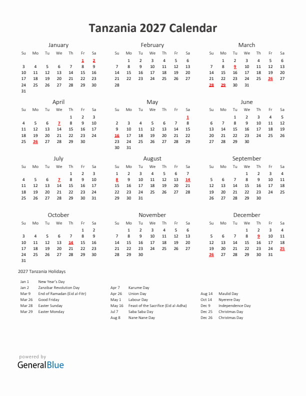 2027 Yearly Calendar Printable With Tanzania Holidays