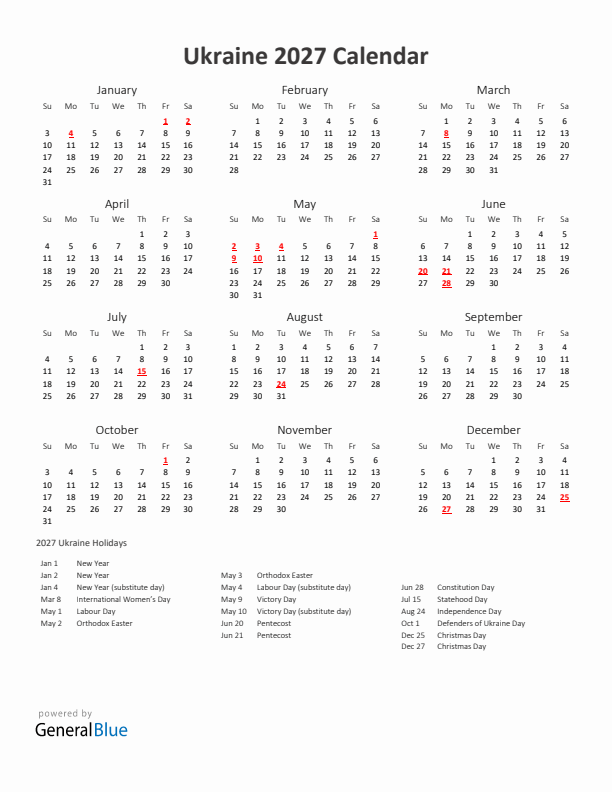 2027 Yearly Calendar Printable With Ukraine Holidays