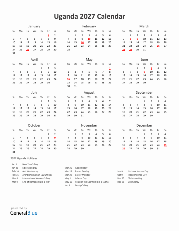 2027 Yearly Calendar Printable With Uganda Holidays