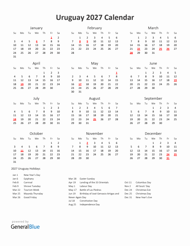 2027 Yearly Calendar Printable With Uruguay Holidays