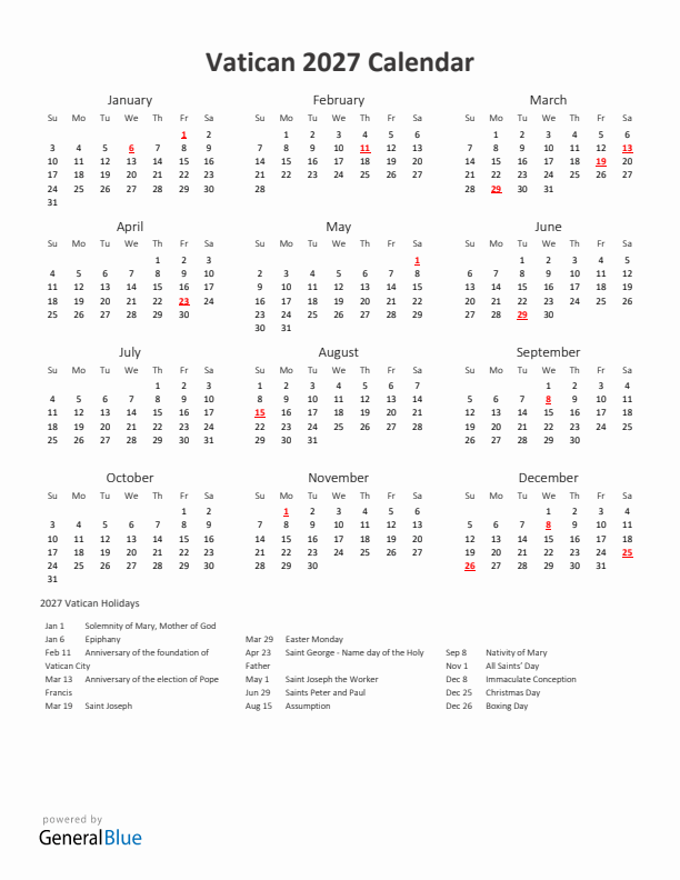 2027 Yearly Calendar Printable With Vatican Holidays