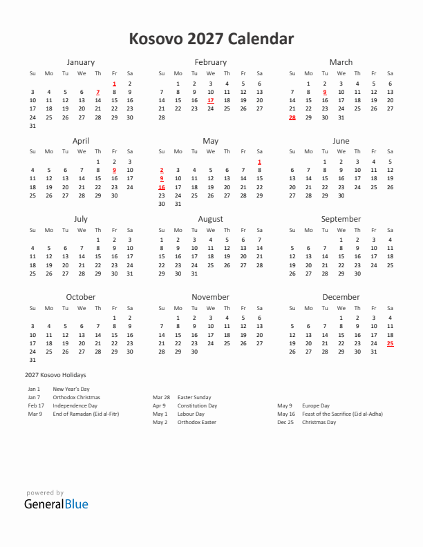 2027 Yearly Calendar Printable With Kosovo Holidays