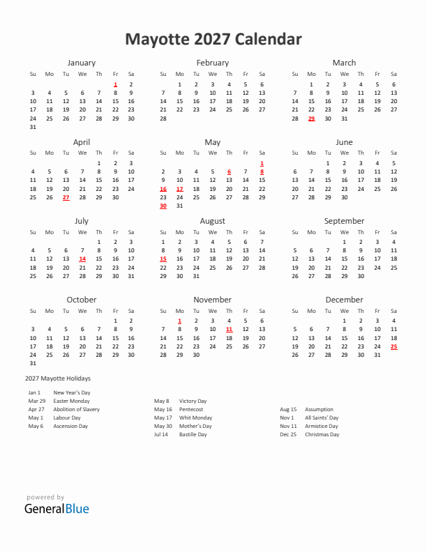 2027 Yearly Calendar Printable With Mayotte Holidays