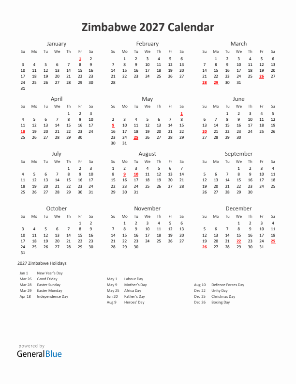 2027 Yearly Calendar Printable With Zimbabwe Holidays