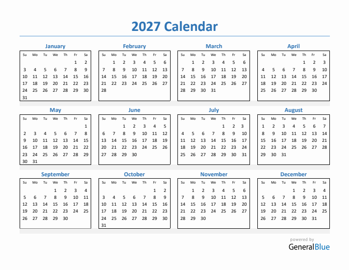 2027 Simple Yearly Calendar (PDF Excel Word)