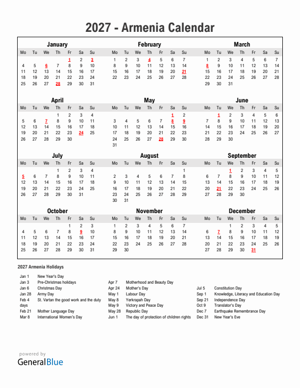 Year 2027 Simple Calendar With Holidays in Armenia