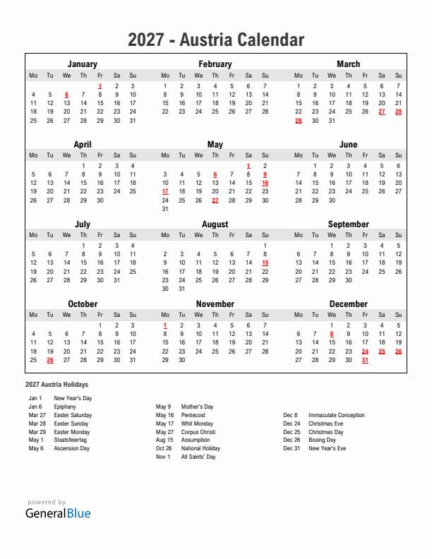 Year 2027 Simple Calendar With Holidays in Austria