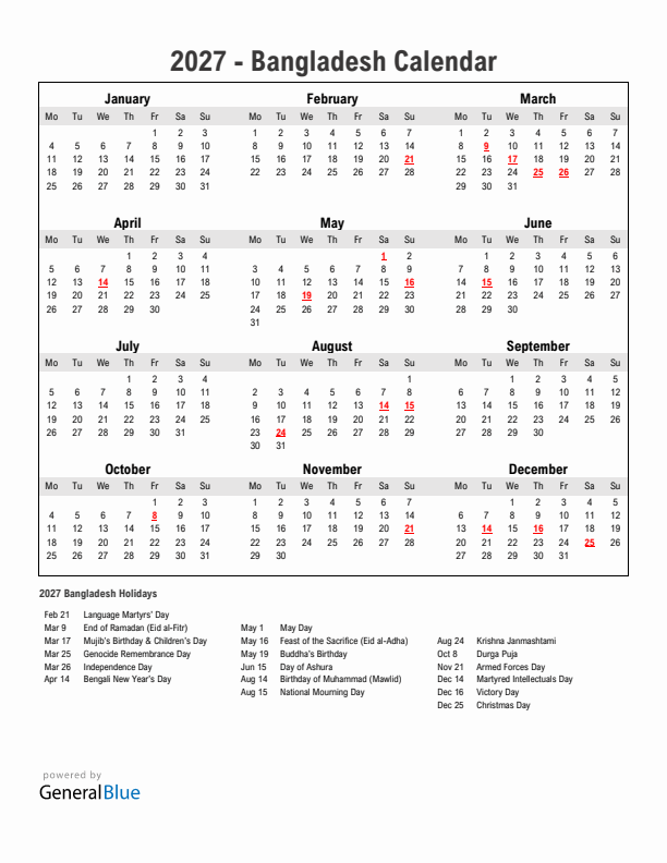 Year 2027 Simple Calendar With Holidays in Bangladesh