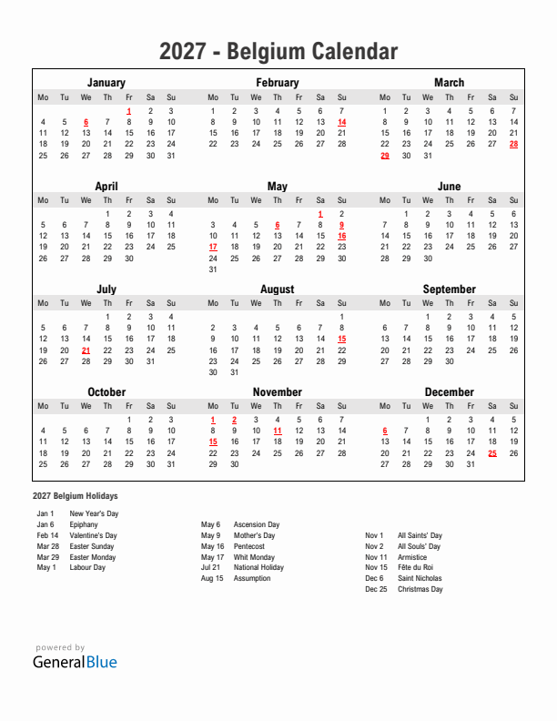 Year 2027 Simple Calendar With Holidays in Belgium