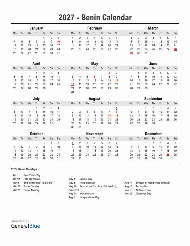 Year 2027 Simple Calendar With Holidays in Benin