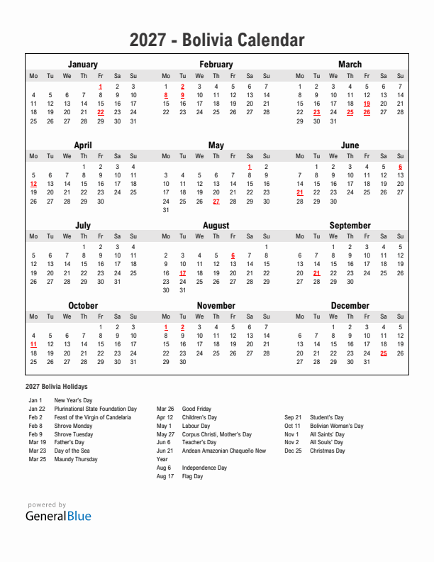 Year 2027 Simple Calendar With Holidays in Bolivia