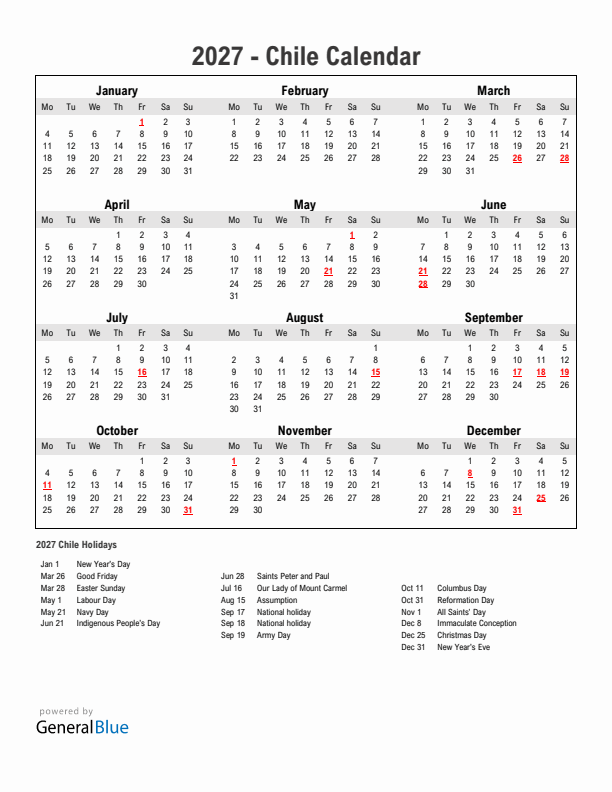 Year 2027 Simple Calendar With Holidays in Chile