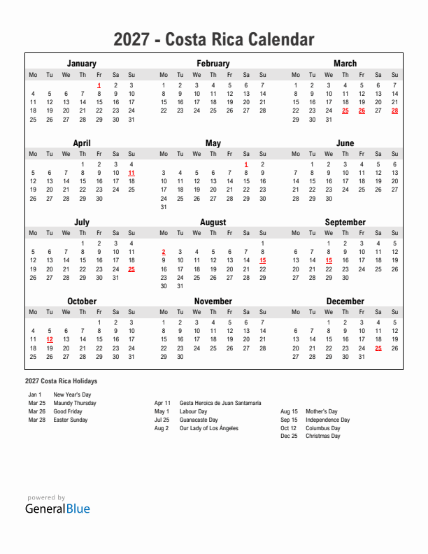 Year 2027 Simple Calendar With Holidays in Costa Rica