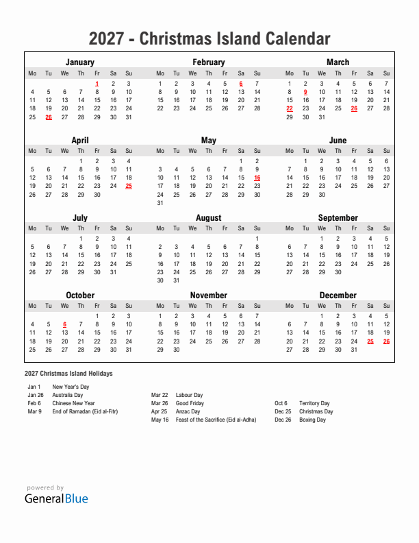 Year 2027 Simple Calendar With Holidays in Christmas Island