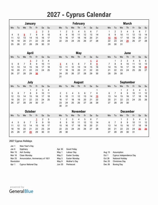 Year 2027 Simple Calendar With Holidays in Cyprus