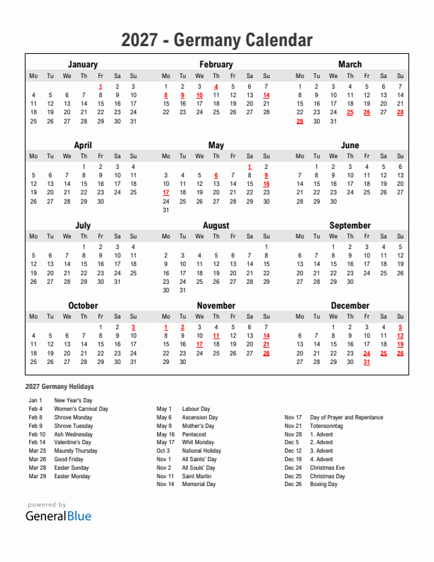 Year 2027 Simple Calendar With Holidays in Germany