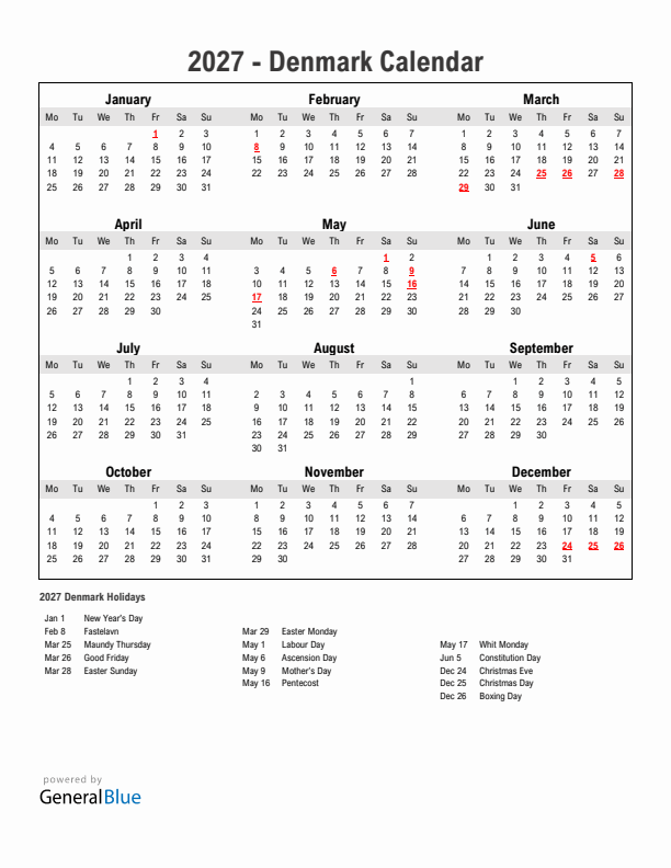 Year 2027 Simple Calendar With Holidays in Denmark