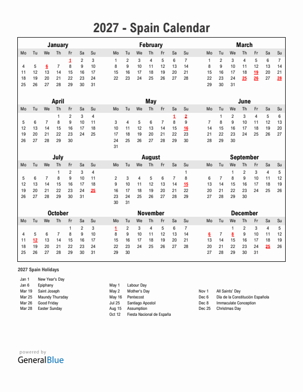 Year 2027 Simple Calendar With Holidays in Spain