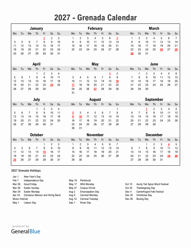 Year 2027 Simple Calendar With Holidays in Grenada