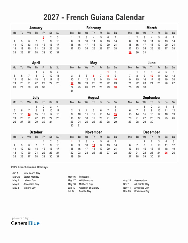 Year 2027 Simple Calendar With Holidays in French Guiana