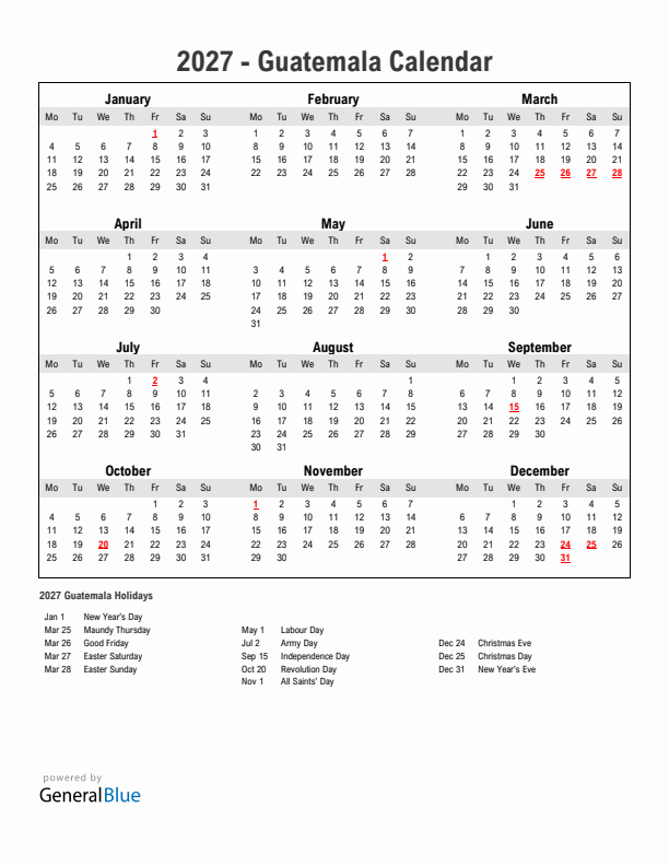 Year 2027 Simple Calendar With Holidays in Guatemala